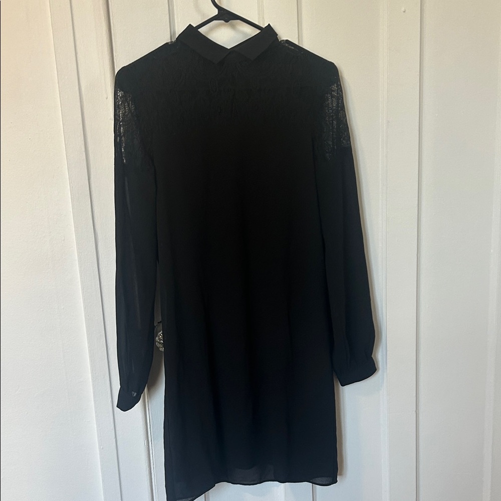 twik Black Lace-Yoke Long Sleeve Shirt Dress